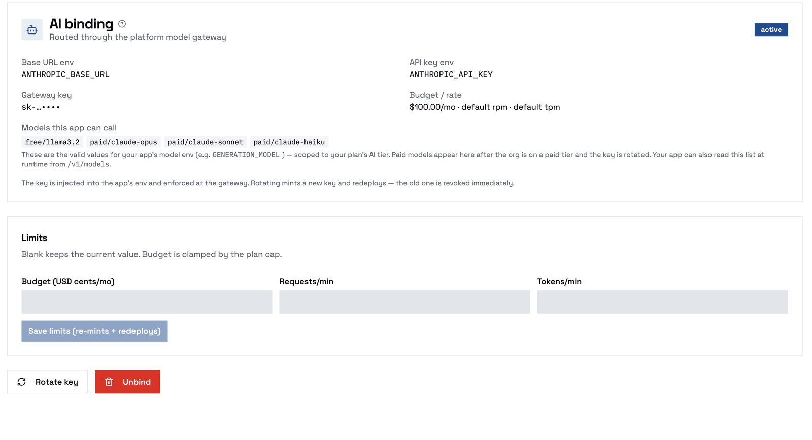 An AI binding: the env names it injects (ANTHROPIC_BASE_URL, ANTHROPIC_API_KEY), its gateway key, budget and rate limits, the models the app can call, and Rotate key / Unbind