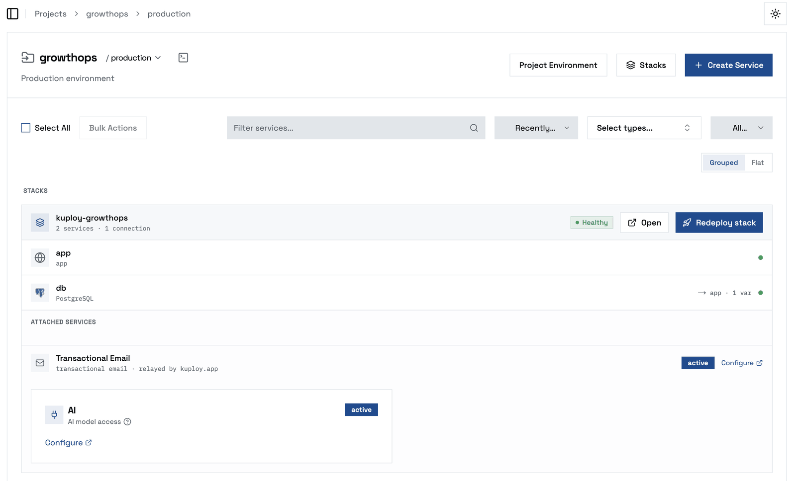 An environment page: the app’s stack, and the AI binding under Attached services as “AI — AI model access”, active, with Configure