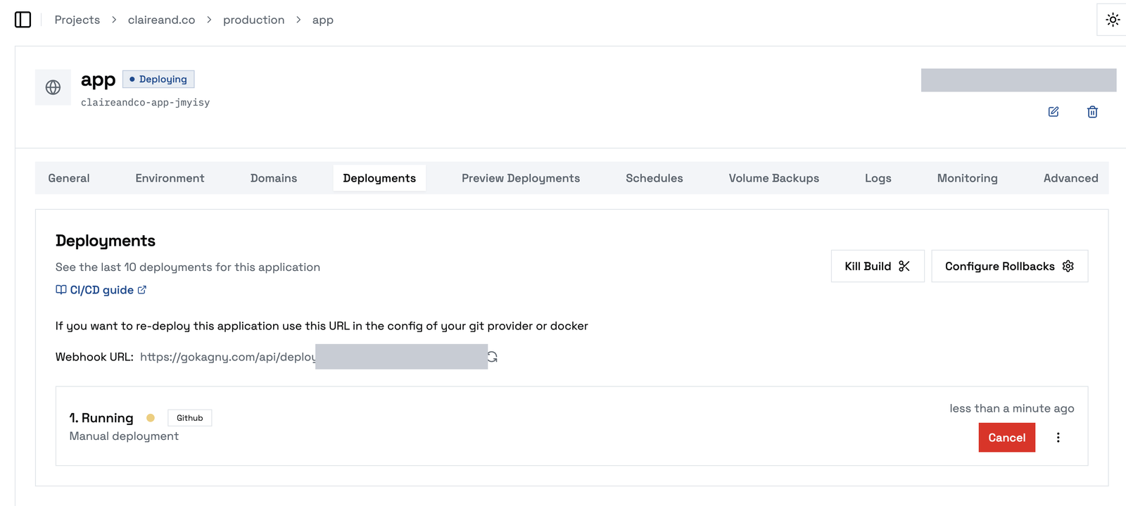 The Deployments tab, with the deploy webhook URL and the running deployment