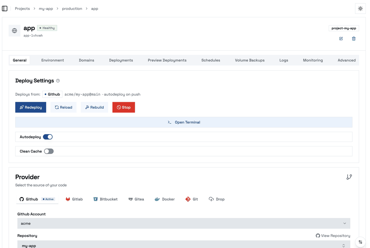An application’s General tab: where it deploys from, and the Redeploy, Reload, Rebuild and Stop buttons