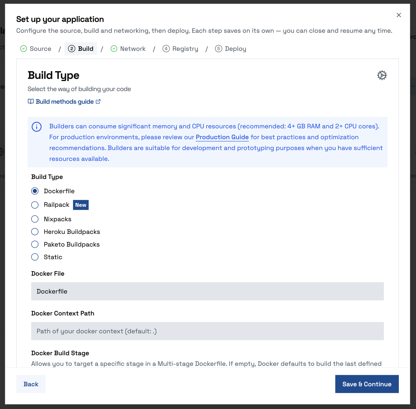 The Build step: build type, Dockerfile path, context path and build stage