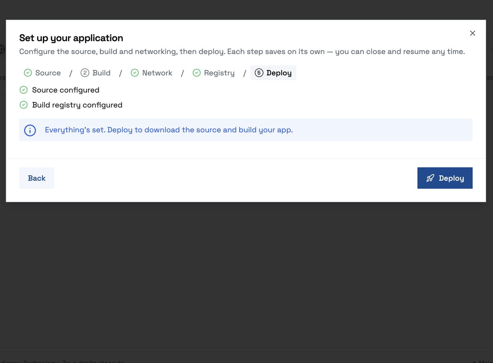 The Deploy step, confirming source and build registry are configured