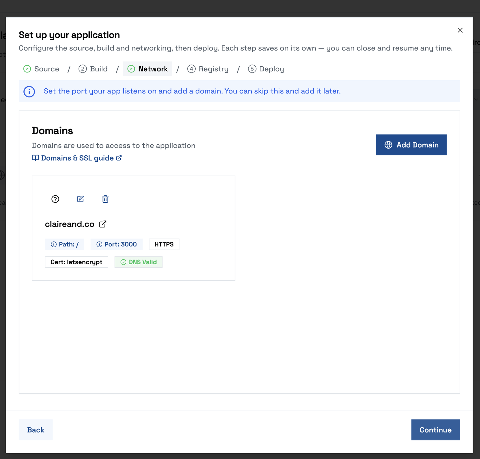 The Network step: the domains attached to the application