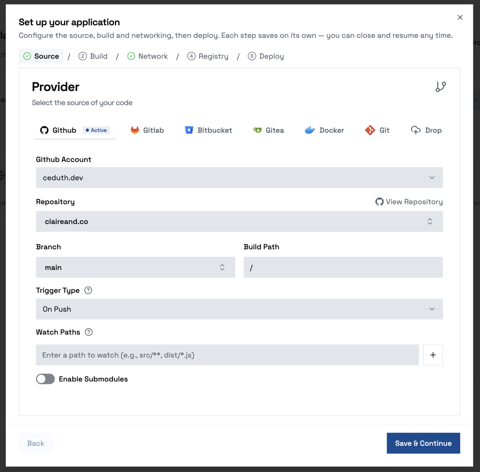 The Source step: provider, account, repository, branch, build path and trigger type