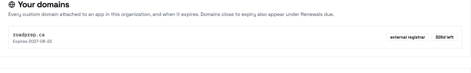 Your domains on the Domains page, showing expiry and an external-registrar badge