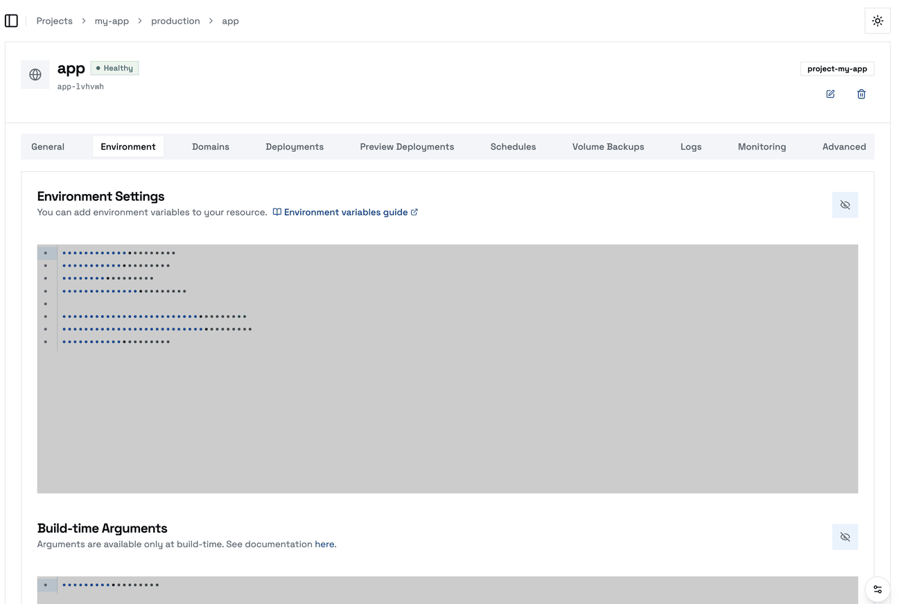 The Environment tab of an application, with values hidden