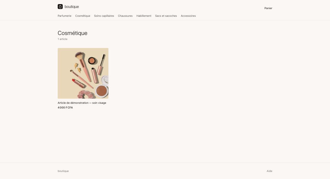A category page showing one demonstration product with its photo and a price of 4 000 F CFA