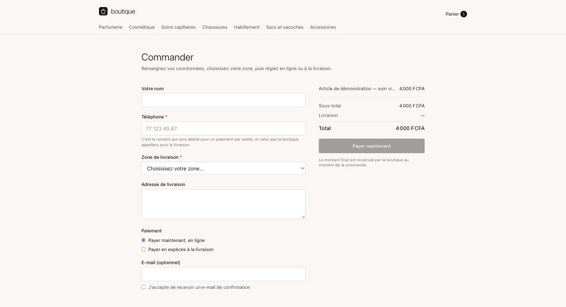 The checkout: name, phone, delivery zone and address, with a choice between paying online and paying cash on delivery