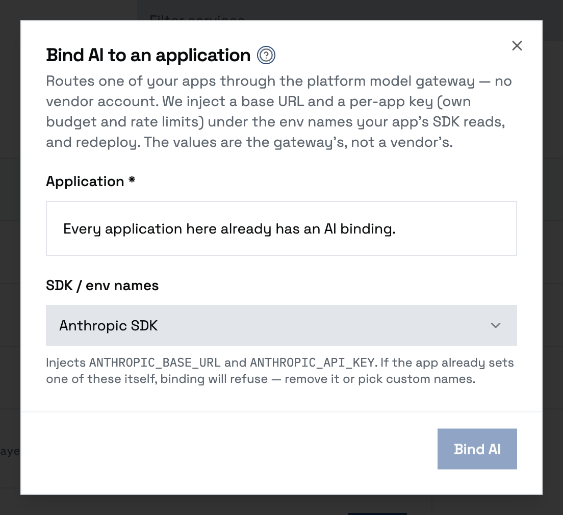 Create Service → AI Model Access : choisir l’application et le SDK dont les noms de variables seront injectés, puis Bind AI