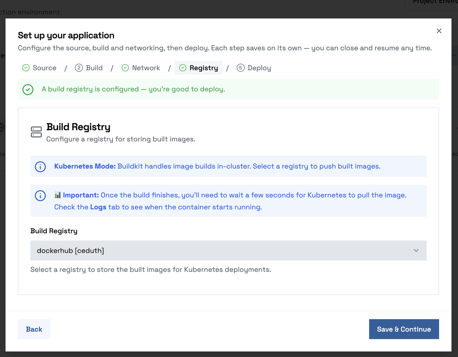 L’étape Registry, avec un registre de build sélectionné