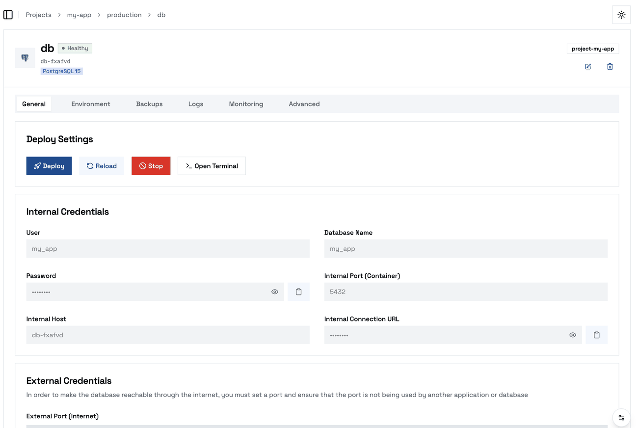 L’onglet General d’une base PostgreSQL : ses identifiants internes, mot de passe et URL de connexion masqués jusqu’à affichage