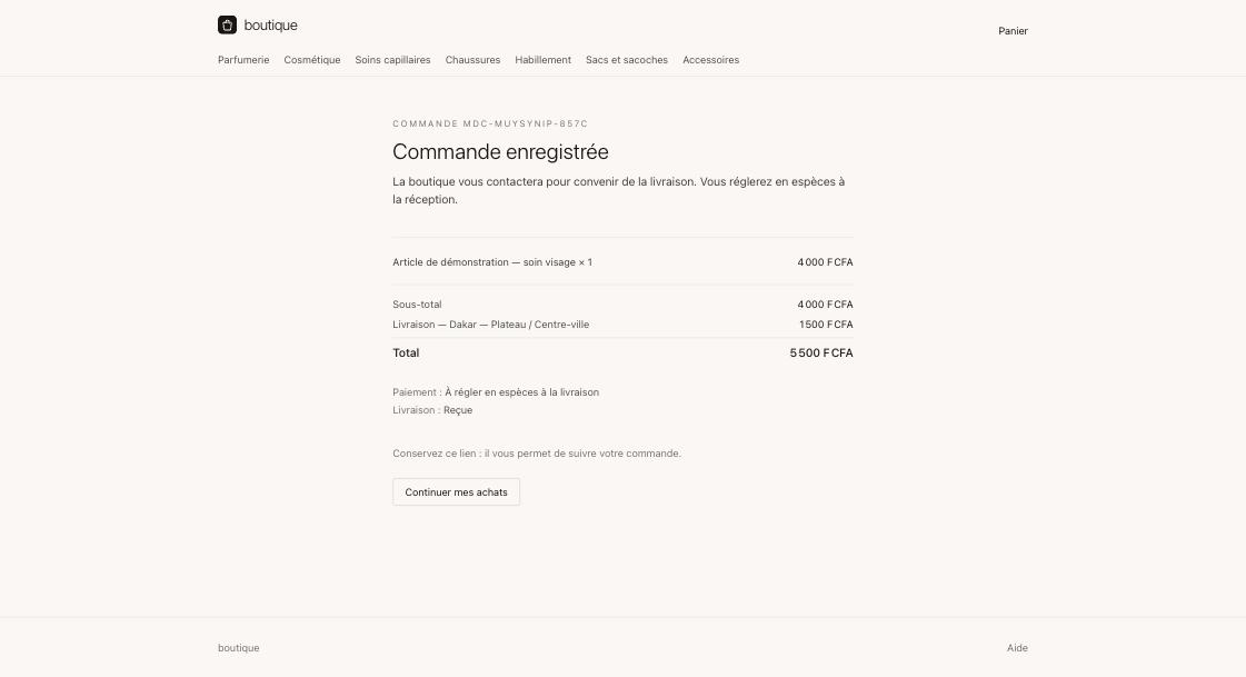 Une confirmation de commande avec sa référence, le détail du total, les statuts de paiement et de livraison, et un lien de suivi