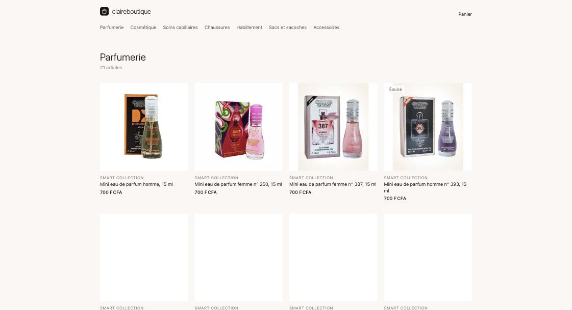 Une page de catégorie montrant de vrais produits avec leurs propres photos, leurs prix et une pastille épuisé